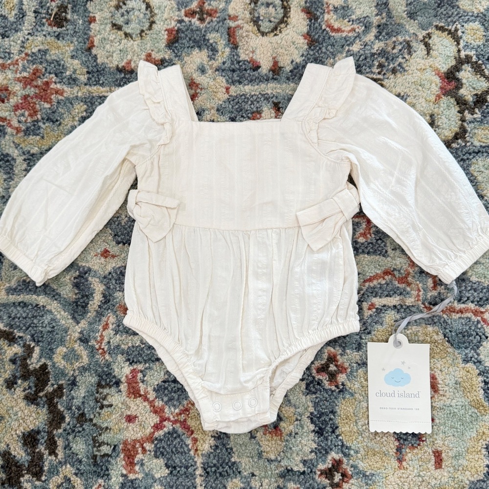 Cloud Island Romper Girls 0-3M White Ruffle Bow Dobby Cottagecore NWT